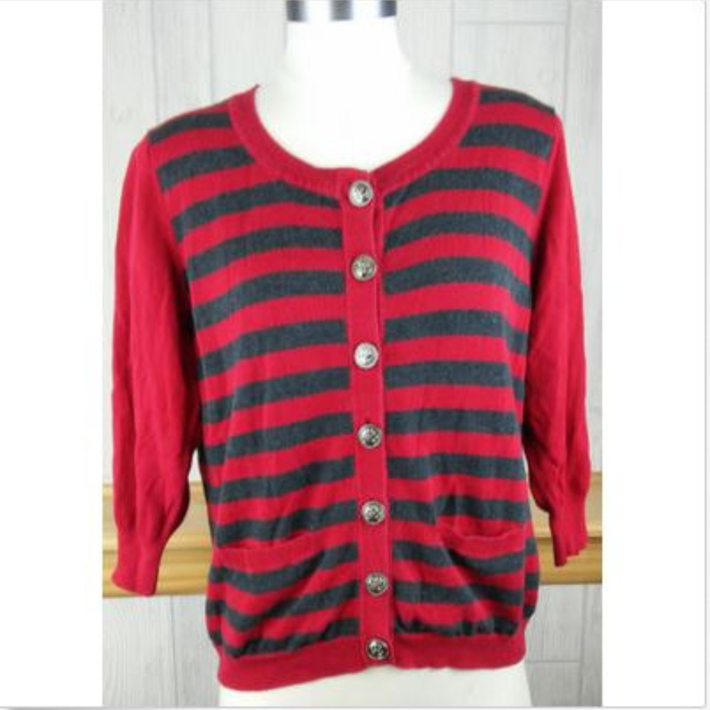 ⛵Nautical Buttons⛵ Red & Gray Striped 3/4 Sleeve Sweater by 💋❤Devoted❤💋